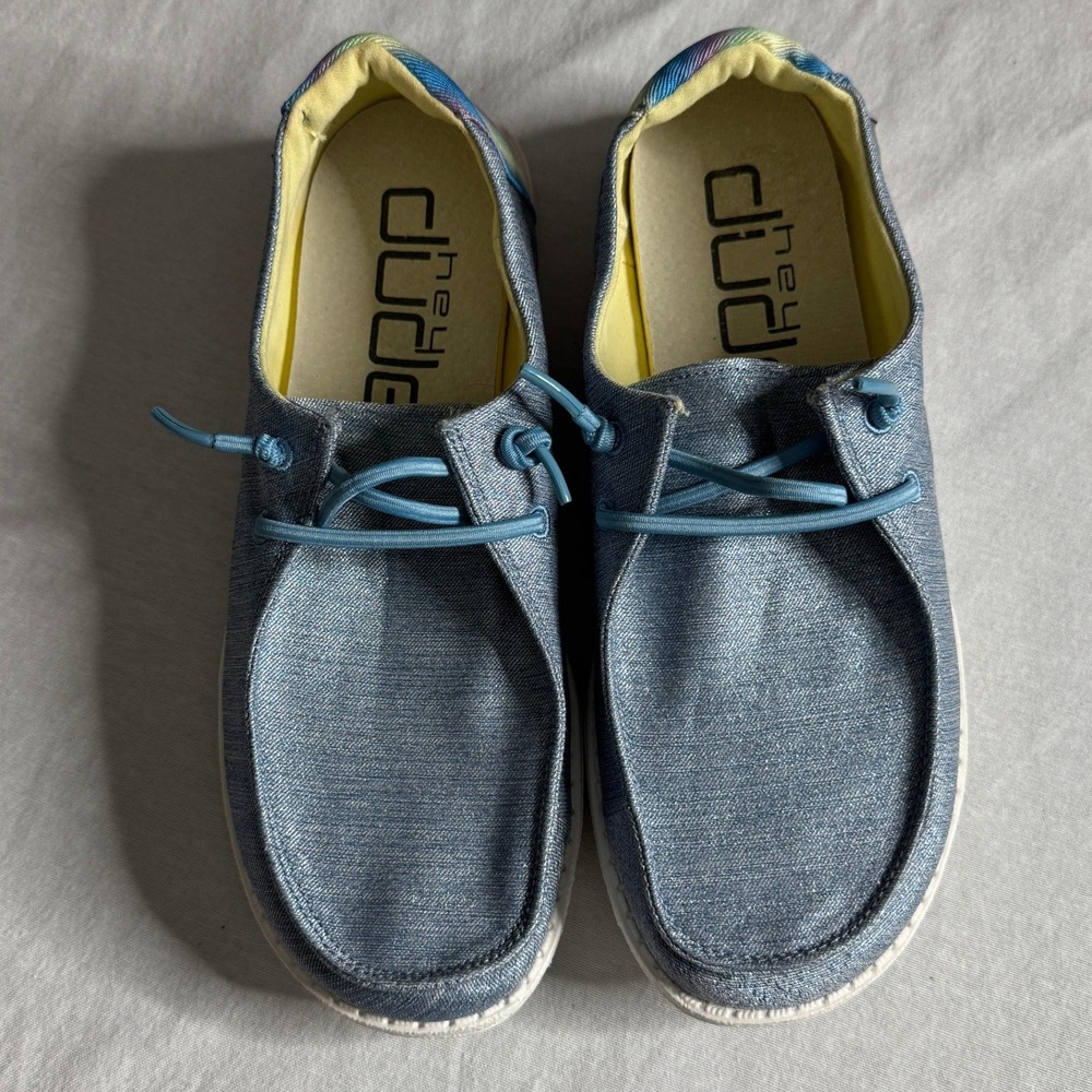 Hey Dude Wendy Sparkle Denim Rainbow Heel Slip On Moc Toe Shoes Youth 6 Womens 7 - Picture 2 of 10